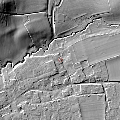 Shaded relief map of the ground around SN154RX, computed from Environment Agency LiDAR. The ground here sits at about 55 m above sea level and falls 30 m across the surrounding 800 m. Surface water reaching this point runs off ground lying to the south-south-west, 3.6 m higher.