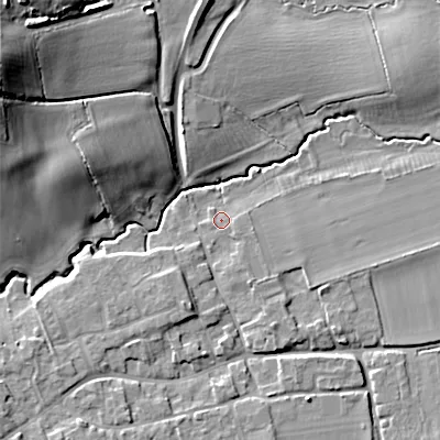 Shaded relief map of the ground around SN154SW, computed from Environment Agency LiDAR. The ground here sits at about 54 m above sea level and falls 28 m across the surrounding 800 m. Surface water reaching this point runs off ground lying to the east-south-east, 1.2 m higher.