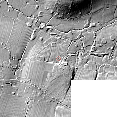 Shaded relief map of the ground around SN155DG, computed from Environment Agency LiDAR. The ground here sits at about 85 m above sea level and falls 18 m across the surrounding 800 m. Surface water reaching this point runs off ground lying to the south-south-west, 7.4 m higher.