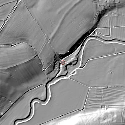 Shaded relief map of the ground around SN155ES, computed from Environment Agency LiDAR. The ground here sits at about 54 m above sea level and falls 17 m across the surrounding 800 m. Surface water reaching this point runs off ground lying to the north-north-west, 12.4 m higher.