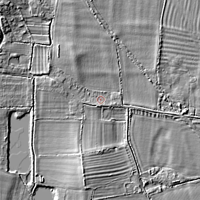 Shaded relief map of the ground around SN155HT, computed from Environment Agency LiDAR. The ground here sits at about 58 m above sea level and falls 7 m across the surrounding 800 m. Surface water reaching this point runs off ground lying to the west-north-west, 1.6 m higher.