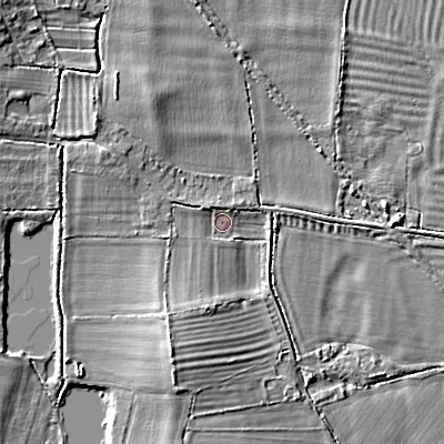 Shaded relief map of the ground around SN155HU, computed from Environment Agency LiDAR. The ground here sits at about 58 m above sea level and falls 6 m across the surrounding 800 m. Surface water reaching this point runs off ground lying to the south-south-west, 4.1 m higher.
