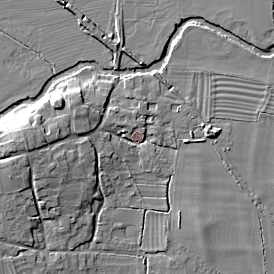 Shaded relief map of the ground around SN155JA, computed from Environment Agency LiDAR. The ground here sits at about 61 m above sea level and falls 14 m across the surrounding 800 m. Surface water reaching this point runs off ground lying to the west, 11.7 m higher.