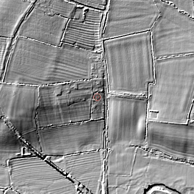 Shaded relief map of the ground around SN155JH, computed from Environment Agency LiDAR. The ground here sits at about 63 m above sea level and falls 15 m across the surrounding 800 m. Surface water reaching this point runs off ground lying to the west-north-west, 7.7 m higher.