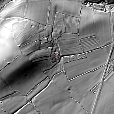 Shaded relief map of the ground around SN155LD, computed from Environment Agency LiDAR. The ground here sits at about 72 m above sea level and falls 34 m across the surrounding 800 m. Surface water reaching this point runs off ground lying to the west, 20.0 m higher.