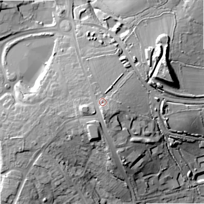 Shaded relief map of the ground around SN155LN, computed from Environment Agency LiDAR. The ground here sits at about 104 m above sea level and falls 32 m across the surrounding 800 m. Surface water reaching this point runs off ground lying to the south, 4.9 m higher.