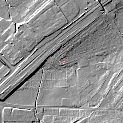 Shaded relief map of the ground around SN15ES, computed from Environment Agency LiDAR. The ground here sits at about 96 m above sea level and falls 13 m across the surrounding 800 m. Surface water reaching this point runs off ground lying to the north-north-east, 7.0 m higher.