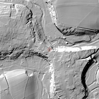 Shaded relief map of the ground around SN160AD, computed from Environment Agency LiDAR. The ground here sits at about 84 m above sea level and falls 24 m across the surrounding 800 m. Surface water reaching this point runs off ground lying to the south-east, 6.9 m higher.
