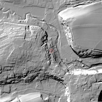 Shaded relief map of the ground around SN160AJ, computed from Environment Agency LiDAR. The ground here sits at about 78 m above sea level and falls 23 m across the surrounding 800 m. Surface water reaching this point runs off ground lying to the south-west, 12.1 m higher.