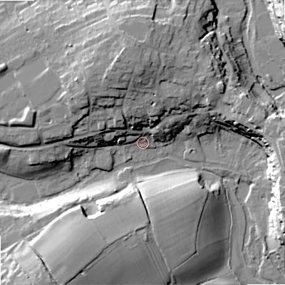 Shaded relief map of the ground around SN160BA, computed from Environment Agency LiDAR. The ground here sits at about 72 m above sea level and falls 23 m across the surrounding 800 m. Surface water reaching this point runs off ground lying to the north, 19.1 m higher.
