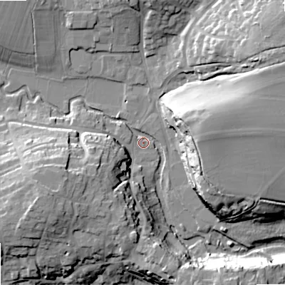 Shaded relief map of the ground around SN160BT, computed from Environment Agency LiDAR. The ground here sits at about 72 m above sea level and falls 23 m across the surrounding 800 m. Surface water reaching this point runs off ground lying to the east-north-east, 21.2 m higher.