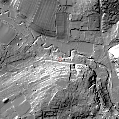 Shaded relief map of the ground around SN160BX, computed from Environment Agency LiDAR. The ground here sits at about 75 m above sea level and falls 22 m across the surrounding 800 m. Surface water reaching this point runs off ground lying to the south, 15.8 m higher.