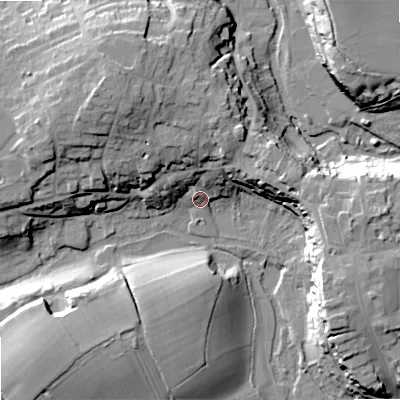 Shaded relief map of the ground around SN160BY, computed from Environment Agency LiDAR. The ground here sits at about 73 m above sea level and falls 23 m across the surrounding 800 m. Surface water reaching this point runs off ground lying to the north-north-east, 12.9 m higher.