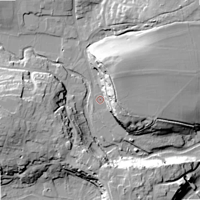 Shaded relief map of the ground around SN160DY, computed from Environment Agency LiDAR. The ground here sits at about 72 m above sea level and falls 24 m across the surrounding 800 m. Surface water reaching this point runs off ground lying to the north-east, 16.1 m higher.