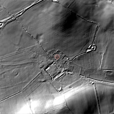 Shaded relief map of the ground around SN160ER, computed from Environment Agency LiDAR. The ground here sits at about 74 m above sea level and falls 30 m across the surrounding 800 m. Surface water reaching this point runs off ground lying to the north, 17.4 m higher.