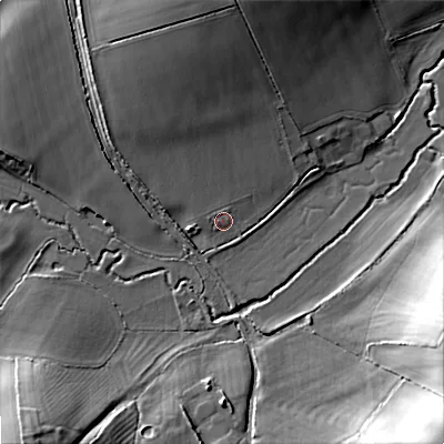 Shaded relief map of the ground around SN160ES, computed from Environment Agency LiDAR. The ground here sits at about 68 m above sea level and falls 27 m across the surrounding 800 m. Surface water reaching this point runs off ground lying to the north, 12.7 m higher.