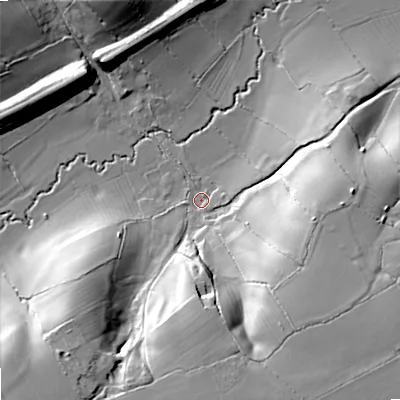 Shaded relief map of the ground around SN160EY, computed from Environment Agency LiDAR. The ground here sits at about 69 m above sea level and falls 27 m across the surrounding 800 m. Surface water reaching this point runs off ground lying to the south, 25.2 m higher.