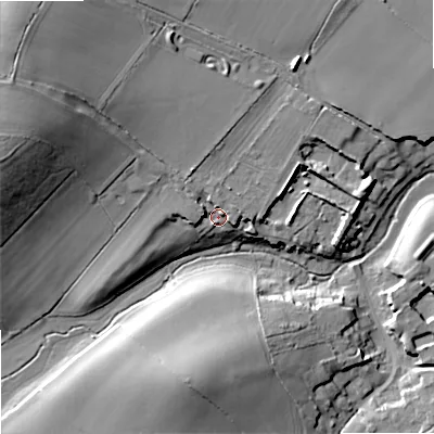 Shaded relief map of the ground around SN160HH, computed from Environment Agency LiDAR. The ground here sits at about 76 m above sea level and falls 25 m across the surrounding 800 m. Surface water reaching this point runs off ground lying to the west-north-west, 18.9 m higher.