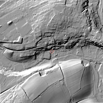 Shaded relief map of the ground around SN160JD, computed from Environment Agency LiDAR. The ground here sits at about 72 m above sea level and falls 23 m across the surrounding 800 m. Surface water reaching this point runs off ground lying to the north, 20.1 m higher.