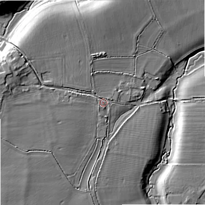 Shaded relief map of the ground around SN160JJ, computed from Environment Agency LiDAR. The ground here sits at about 84 m above sea level and falls 14 m across the surrounding 800 m. Surface water reaching this point runs off ground lying to the west-north-west, 6.4 m higher.