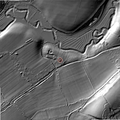 Shaded relief map of the ground around SN160JQ, computed from Environment Agency LiDAR. The ground here sits at about 76 m above sea level and falls 21 m across the surrounding 800 m. Surface water reaching this point runs off ground lying to the north, 1.5 m higher.