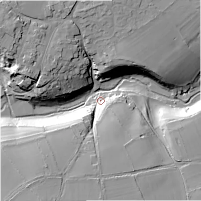Shaded relief map of the ground around SN160NE, computed from Environment Agency LiDAR. The ground here sits at about 97 m above sea level and falls 31 m across the surrounding 800 m. Surface water reaching this point runs off ground lying to the south-south-west, 27.0 m higher.