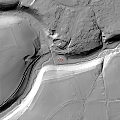 Shaded relief map of the ground around SN160NG, computed from Environment Agency LiDAR. The ground here sits at about 95 m above sea level and falls 30 m across the surrounding 800 m. Surface water reaching this point runs off ground lying to the north, 23.3 m higher.
