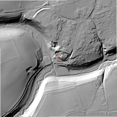 Shaded relief map of the ground around SN160NQ, computed from Environment Agency LiDAR. The ground here sits at about 103 m above sea level and falls 30 m across the surrounding 800 m. Surface water reaching this point runs off ground lying to the north-north-east, 18.5 m higher.