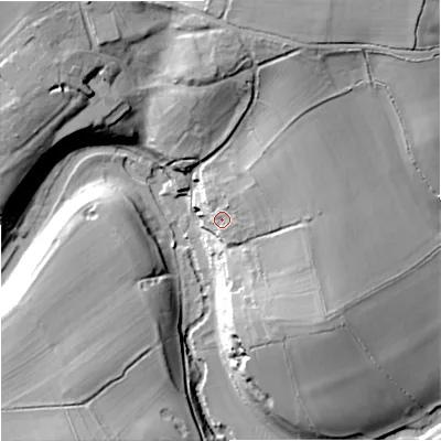 Shaded relief map of the ground around SN160PL, computed from Environment Agency LiDAR. The ground here sits at about 93 m above sea level and falls 30 m across the surrounding 800 m. Surface water reaching this point runs off ground lying to the north-east, 10.6 m higher.