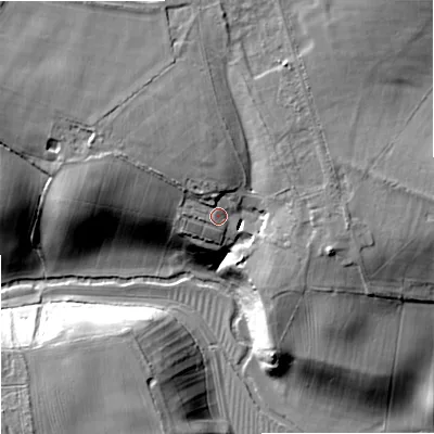 Shaded relief map of the ground around SN160RB, computed from Environment Agency LiDAR. The ground here sits at about 92 m above sea level and falls 22 m across the surrounding 800 m. Surface water reaching this point runs off ground lying to the north-north-west, 6.0 m higher.