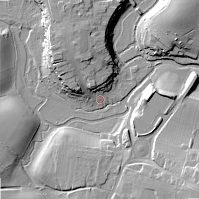 Shaded relief map of the ground around SN169AL, computed from Environment Agency LiDAR. The ground here sits at about 72 m above sea level and falls 26 m across the surrounding 800 m. Surface water reaching this point runs off ground lying to the north-north-west, 17.7 m higher.