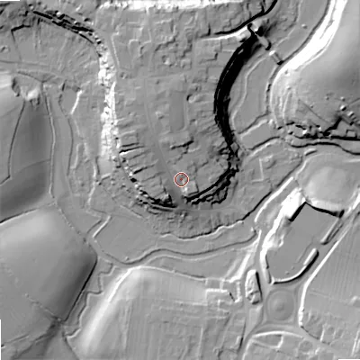 Shaded relief map of the ground around SN169AT, computed from Environment Agency LiDAR. The ground here sits at about 81 m above sea level and falls 22 m across the surrounding 800 m. Surface water reaching this point runs off ground lying to the north-north-west, 8.9 m higher.