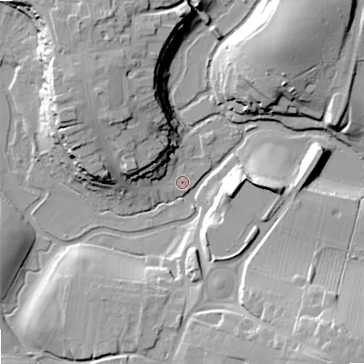 Shaded relief map of the ground around SN169BL, computed from Environment Agency LiDAR. The ground here sits at about 69 m above sea level and falls 27 m across the surrounding 800 m. Surface water reaching this point runs off ground lying to the north-west, 20.3 m higher.