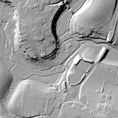 Shaded relief map of the ground around SN169BN, computed from Environment Agency LiDAR. The ground here sits at about 69 m above sea level and falls 26 m across the surrounding 800 m. Surface water reaching this point runs off ground lying to the north-west, 19.4 m higher.