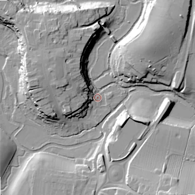 Shaded relief map of the ground around SN169BP, computed from Environment Agency LiDAR. The ground here sits at about 69 m above sea level and falls 24 m across the surrounding 800 m. Surface water reaching this point runs off ground lying to the north-west, 20.1 m higher.