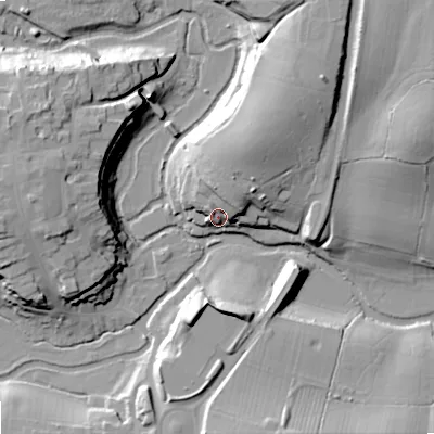 Shaded relief map of the ground around SN169BS, computed from Environment Agency LiDAR. The ground here sits at about 75 m above sea level and falls 24 m across the surrounding 800 m. Surface water reaching this point runs off ground lying to the north-north-east, 13.9 m higher.