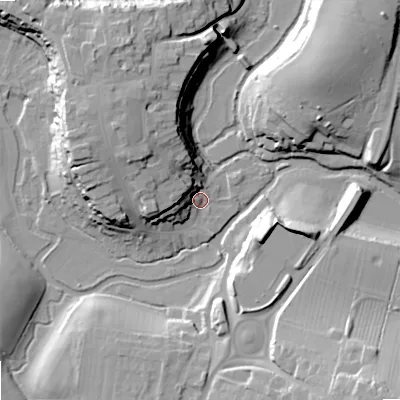 Shaded relief map of the ground around SN169BW, computed from Environment Agency LiDAR. The ground here sits at about 71 m above sea level and falls 26 m across the surrounding 800 m. Surface water reaching this point runs off ground lying to the west-north-west, 17.2 m higher.