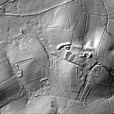 Shaded relief map of the ground around SN169DR, computed from Environment Agency LiDAR. The ground here sits at about 90 m above sea level and falls 22 m across the surrounding 800 m. Surface water reaching this point runs off ground lying to the east-south-east, 9.7 m higher.