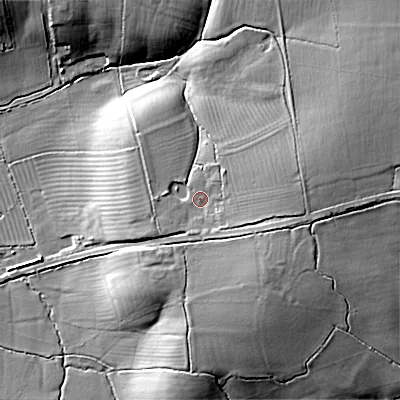 Shaded relief map of the ground around SN169DY, computed from Environment Agency LiDAR. The ground here sits at about 94 m above sea level and falls 19 m across the surrounding 800 m. Surface water reaching this point runs off ground lying to the east-south-east, 4.9 m higher.