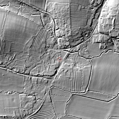 Shaded relief map of the ground around SN169EG, computed from Environment Agency LiDAR. The ground here sits at about 97 m above sea level and falls 12 m across the surrounding 800 m. Surface water reaching this point runs off ground lying to the south-west, 3.0 m higher.