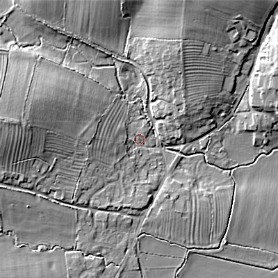 Shaded relief map of the ground around SN169EH, computed from Environment Agency LiDAR. The ground here sits at about 97 m above sea level and falls 13 m across the surrounding 800 m. Surface water reaching this point runs off ground lying to the west, 10.4 m higher.