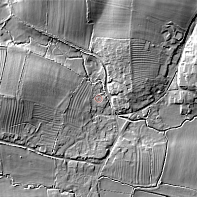 Shaded relief map of the ground around SN169EL, computed from Environment Agency LiDAR. The ground here sits at about 97 m above sea level and falls 13 m across the surrounding 800 m. Surface water reaching this point runs off ground lying to the west-south-west, 1.9 m higher.
