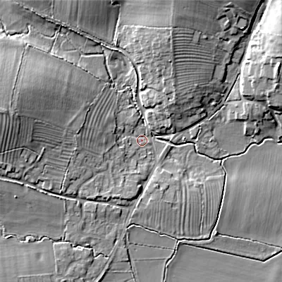 Shaded relief map of the ground around SN169EQ, computed from Environment Agency LiDAR. The ground here sits at about 96 m above sea level and falls 13 m across the surrounding 800 m. Surface water reaching this point runs off ground lying to the west-north-west, 11.9 m higher.