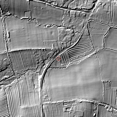 Shaded relief map of the ground around SN169ES, computed from Environment Agency LiDAR. The ground here sits at about 100 m above sea level and falls 13 m across the surrounding 800 m. Surface water reaching this point runs off ground lying to the south-west, 8.4 m higher.