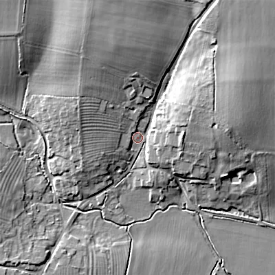 Shaded relief map of the ground around SN169EW, computed from Environment Agency LiDAR. The ground here sits at about 98 m above sea level and falls 14 m across the surrounding 800 m. Surface water reaching this point runs off ground lying to the north-north-west, 10.3 m higher.