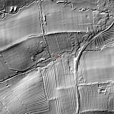 Shaded relief map of the ground around SN169EY, computed from Environment Agency LiDAR. The ground here sits at about 102 m above sea level and falls 14 m across the surrounding 800 m. Surface water reaching this point runs off ground lying to the south-west, 9.5 m higher.