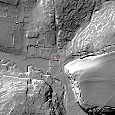 Shaded relief map of the ground around SN169FF, computed from Environment Agency LiDAR. The ground here sits at about 73 m above sea level and falls 21 m across the surrounding 800 m. Surface water reaching this point runs off ground lying to the east, 20.2 m higher.