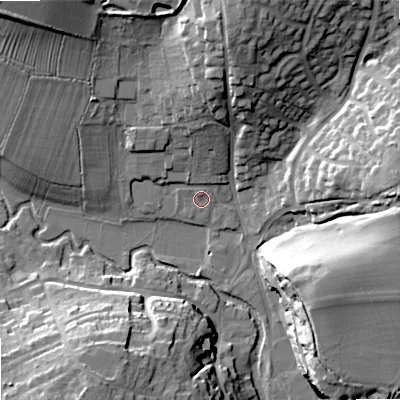 Shaded relief map of the ground around SN169FG, computed from Environment Agency LiDAR. The ground here sits at about 73 m above sea level and falls 21 m across the surrounding 800 m. Surface water reaching this point runs off ground lying to the north, 1.0 m higher.