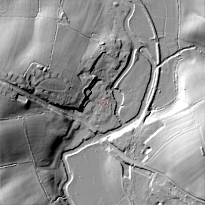 Shaded relief map of the ground around SN169FQ, computed from Environment Agency LiDAR. The ground here sits at about 69 m above sea level and falls 30 m across the surrounding 800 m. Surface water reaching this point runs off ground lying to the west-north-west, 8.3 m higher.