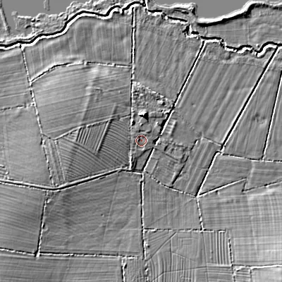Shaded relief map of the ground around SN169GA, computed from Environment Agency LiDAR. The ground here sits at about 87 m above sea level and falls 7 m across the surrounding 800 m. Surface water reaching this point runs off ground lying to the north-west, 0.7 m higher.